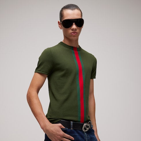 Knit cotton T-shirt with Web intarsia - green