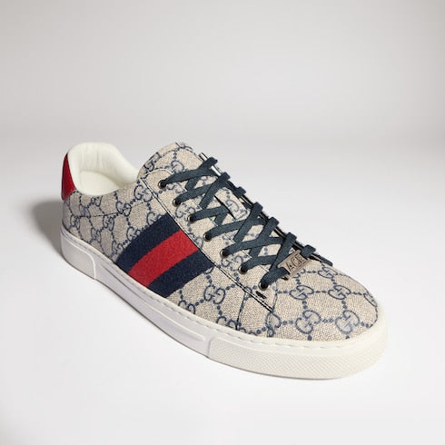 Men's Gucci Ace sneaker with Web - beige and blue GG Supreme