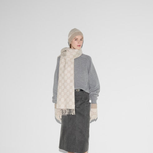 GG cashmere jacquard hat - off white and beige