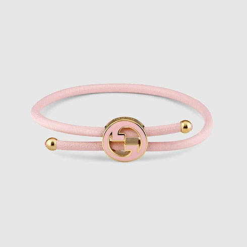 Bracelet with enamel Round Interlocking G - light pink leather