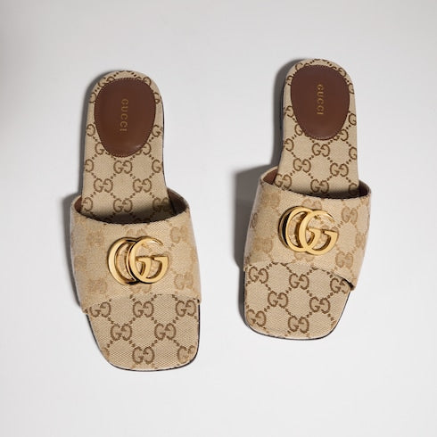 Women's slide sandal with Double G - sand and brown GG canvas