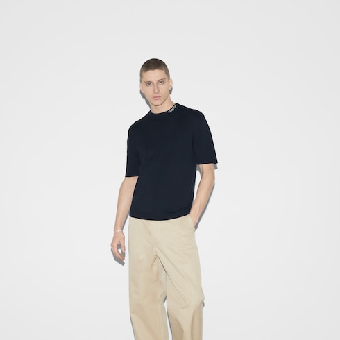 Silk cotton T-shirt with Gucci intarsia - navy