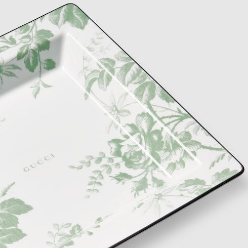 Herbarium print large trinket tray - white and green porcelain