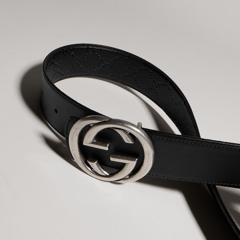Reversible belt with Interlocking G buckle - black GG leather