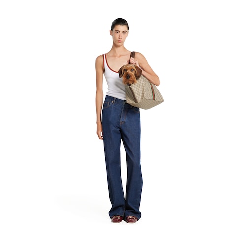 GG Monogram medium pet tote bag - beige and dark brown fabric