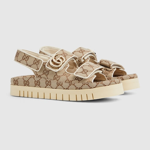 Women's sandal with Double G - beige and dark brown GG canvas