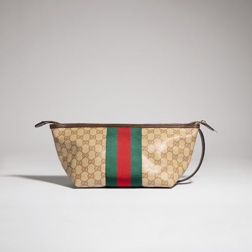 Small GG toiletry case with Web - sand and brown GG canvas