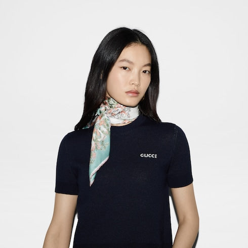 Printed silk twill carré - acquamarine and pink