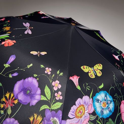 Nylon foldable umbrella with Gucci Flora print - black and multicolor