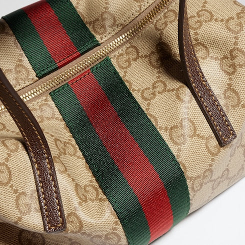 Mini boston bag with Web - sand and brown GG canvas