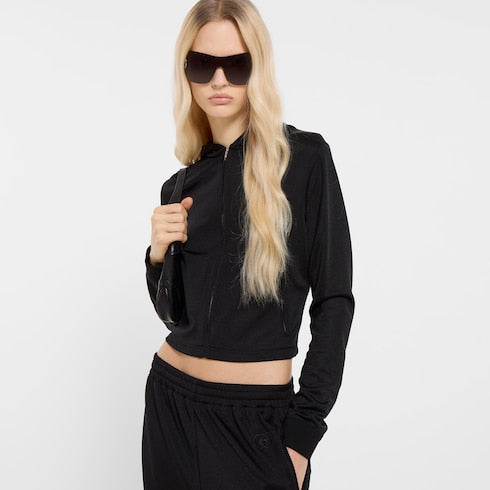 Jersey zip jacket with embroidery - black
