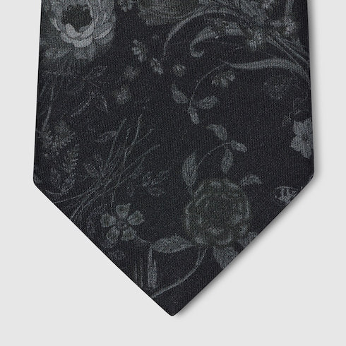 Printed silk tie - black and grey