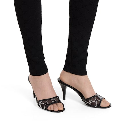 Women's crystal slide sandal - black GG crystal mesh
