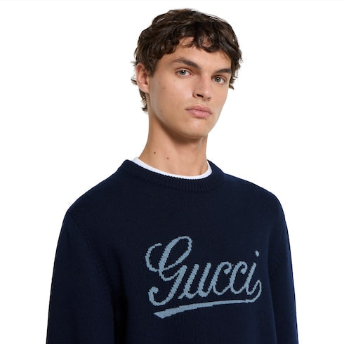 Wool sweater with Gucci intarsia - dark blue