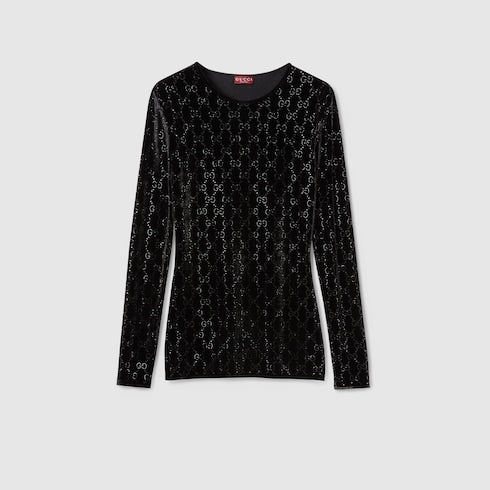 Embroidered stretch chenille top - black