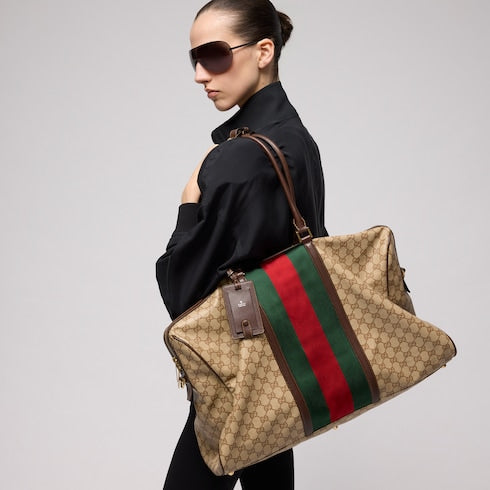 Medium GG duffle bag with Web - sand and brown GG canvas