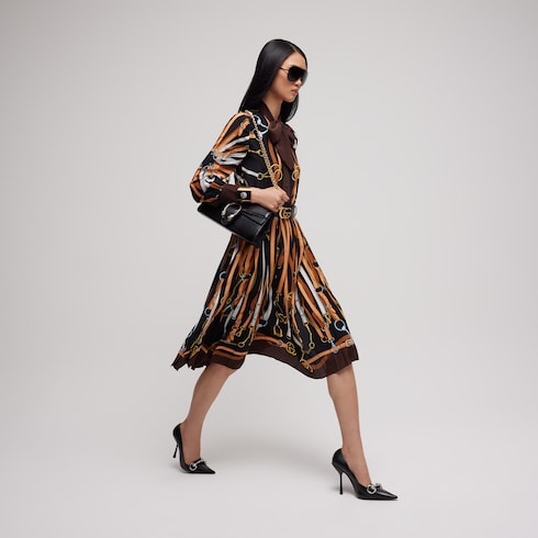 Printed silk chemisier dress - black and brown