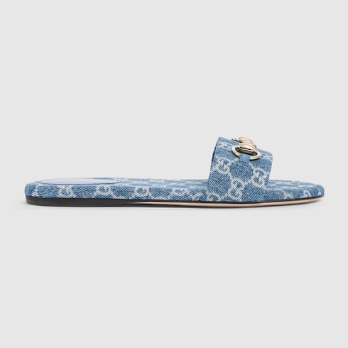 Women's slide sandal with Horsebit - blue GG denim
