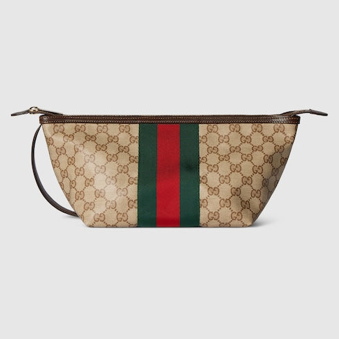 Small GG toiletry case with Web - sand and brown GG canvas