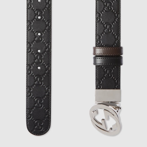 Black Gucci Signature / Brown Leather Reversible Belt - Black Gucci Signature / Brown Leather
