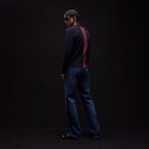 Knit cotton sweater with Web intarsia - dark blue