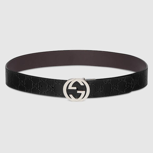 Black Gucci Signature / Brown Leather Reversible Belt - Black Gucci Signature / Brown Leather