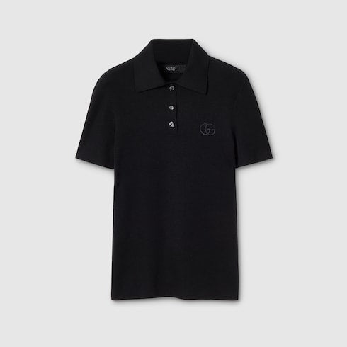 Cashmere silk polo shirt with embroidery - black