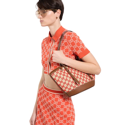 Woven small tote bag - natural and red fabric