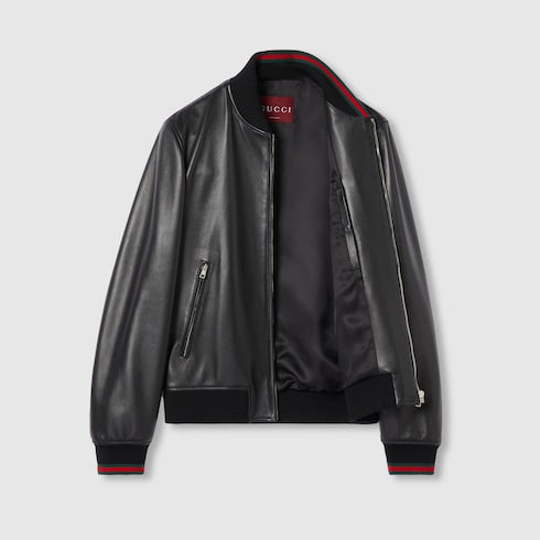 Leather bomber jacket with Web - black