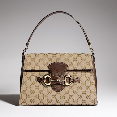 Horsebit Duomo medium top handle bag - sand and brown GG canvas