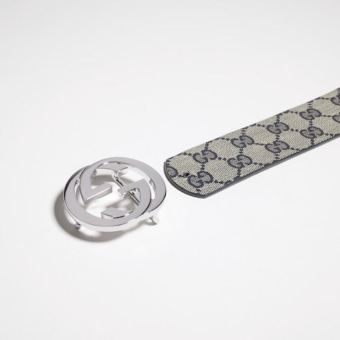 Reversible belt with Interlocking G buckle - blue GG canvas and leather