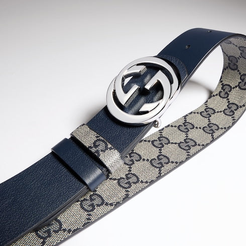 Reversible belt with Interlocking G buckle - blue GG canvas and leather