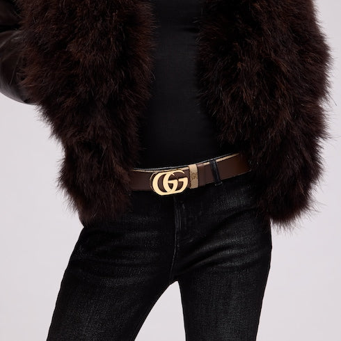 Cut GG Marmont reversible belt - sand GG canvas and leather