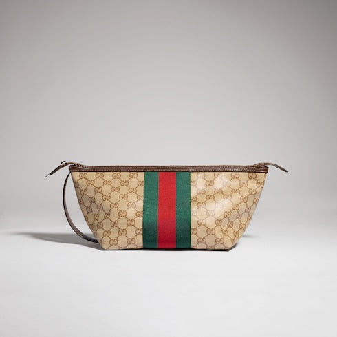 Small GG toiletry case with Web - sand and brown GG canvas