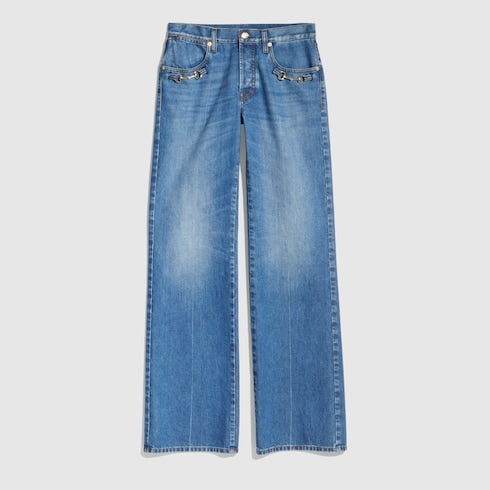 Bootcut cotton denim pants with Horsebit - blue