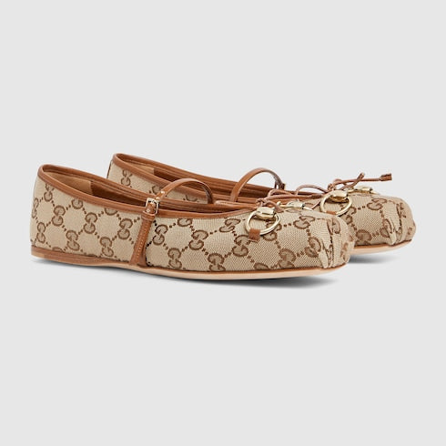 Women's Gucci Horsebit ballet flat - beige and dark brown Original GG canvas