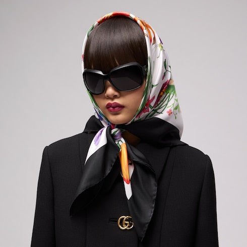 Printed Flora silk twill carré - multicolor and black