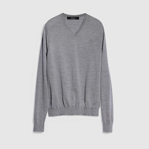 Fine wool sweater with embroidery - grey