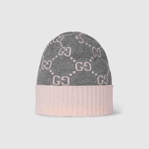 GG cashmere jacquard hat - grey and pink