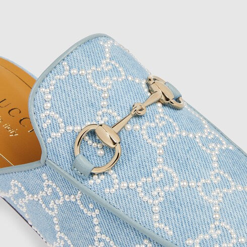 Women's Princetown slipper with pearls - light blue GG denim