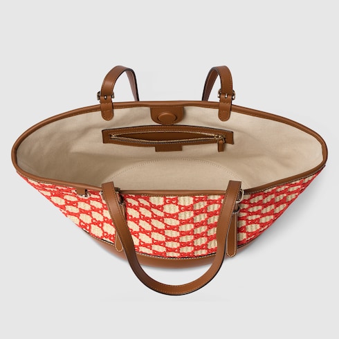 Woven small tote bag - natural and red fabric
