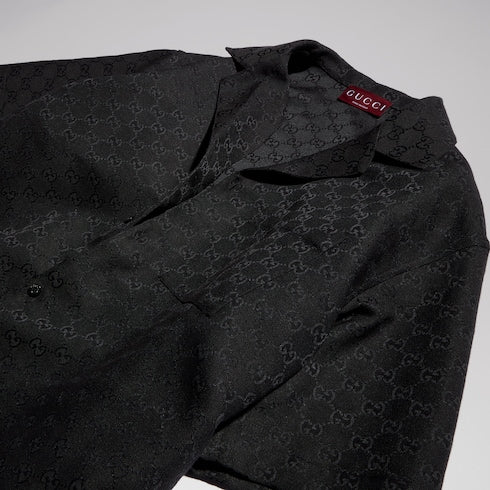 GG canvas linen blend bowling shirt - black