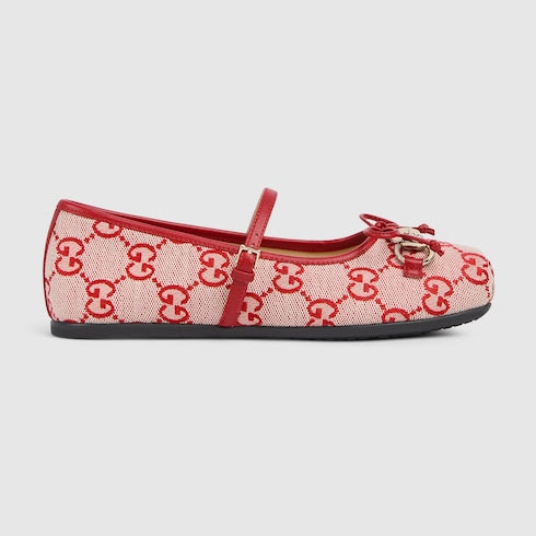 Children's ballet flat with Horsebit - beige and red GG canvas