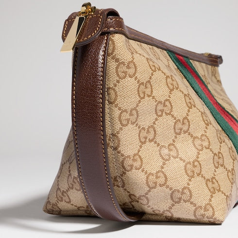 Small GG toiletry case with Web - sand and brown GG canvas