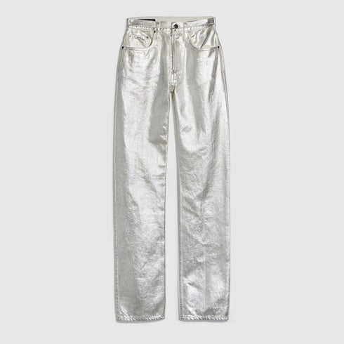 Straight denim pants with soft coating - white and silver