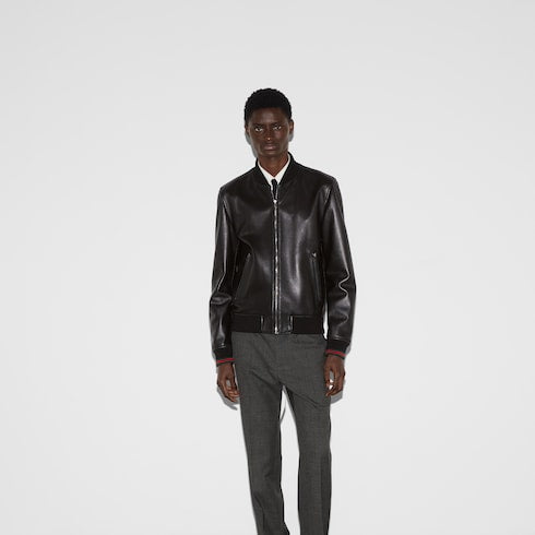 Leather bomber jacket with Web - black