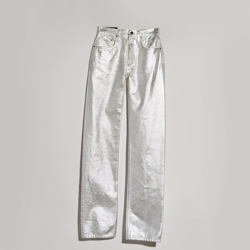 Straight denim pants with soft coating - white and silver