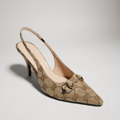 Women's slingback pump with Horsebit - beige and ebony Original GG canvas