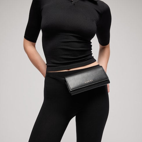 Wallet with strap and Gucci lettering - black leather