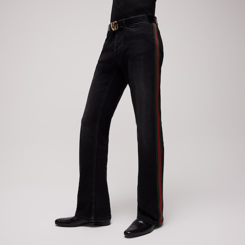 Cotton denim pants with Web - black